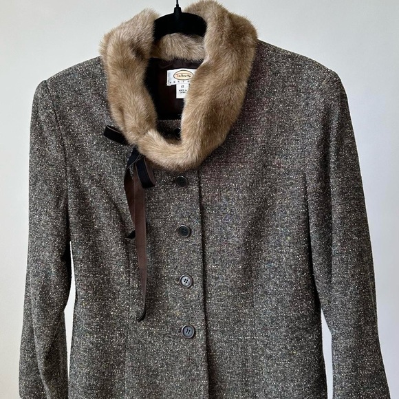 Vintage Sophisticated Brown Tweed Blazer Jacket  Faux Fur Trimmed Collar-12 P - Picture 7 of 9